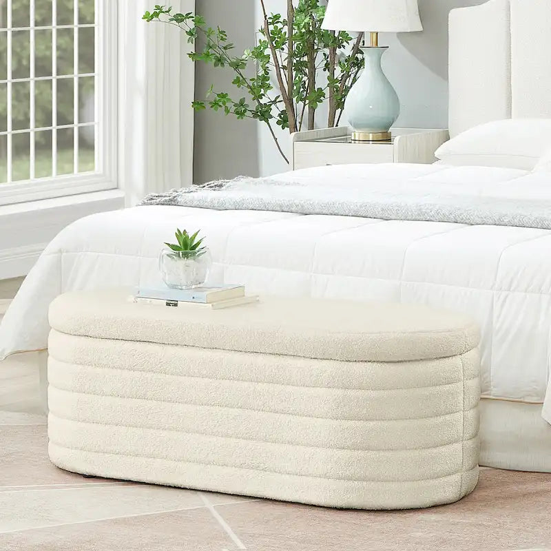 Teddy Fabric Upholstered Oval Storage Ottoman Bench, No assembly required