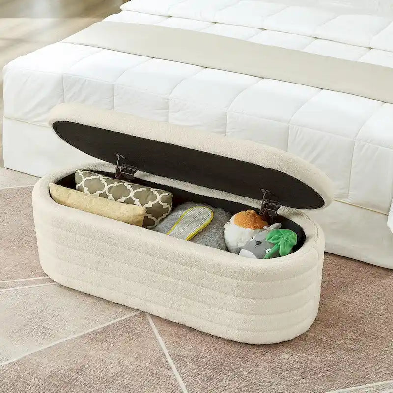 Teddy Fabric Upholstered Oval Storage Ottoman Bench, No assembly required