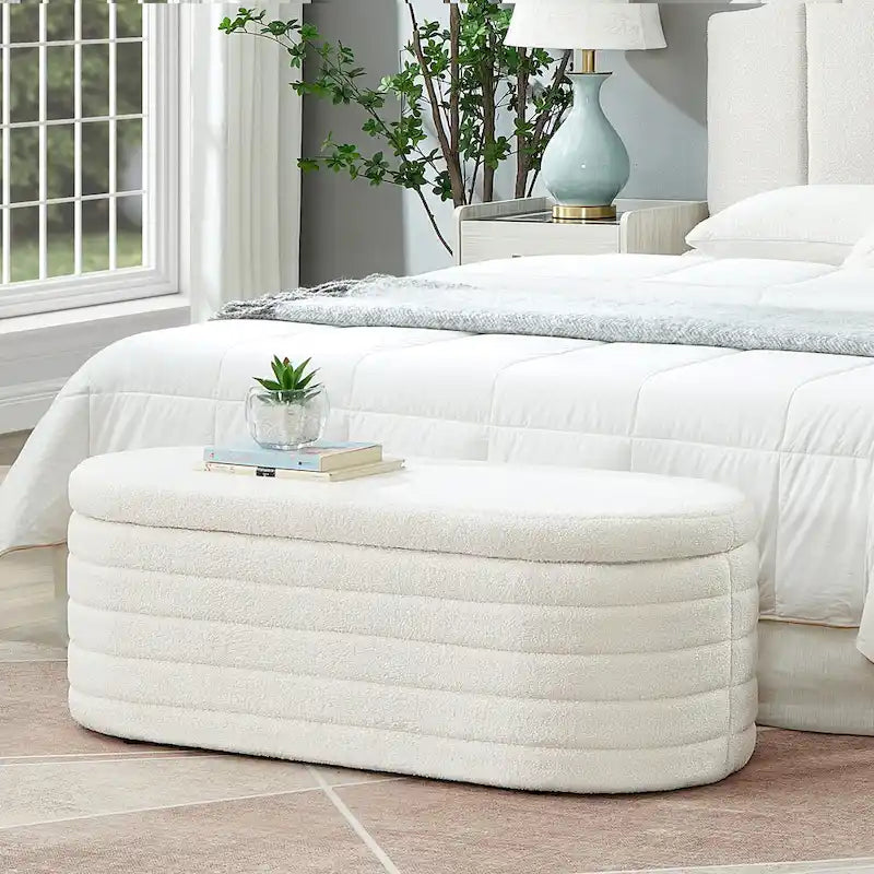 Teddy Fabric Upholstered Oval Storage Ottoman Bench, No assembly required