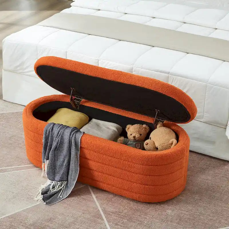 Teddy Fabric Upholstered Oval Storage Ottoman Bench, No assembly required