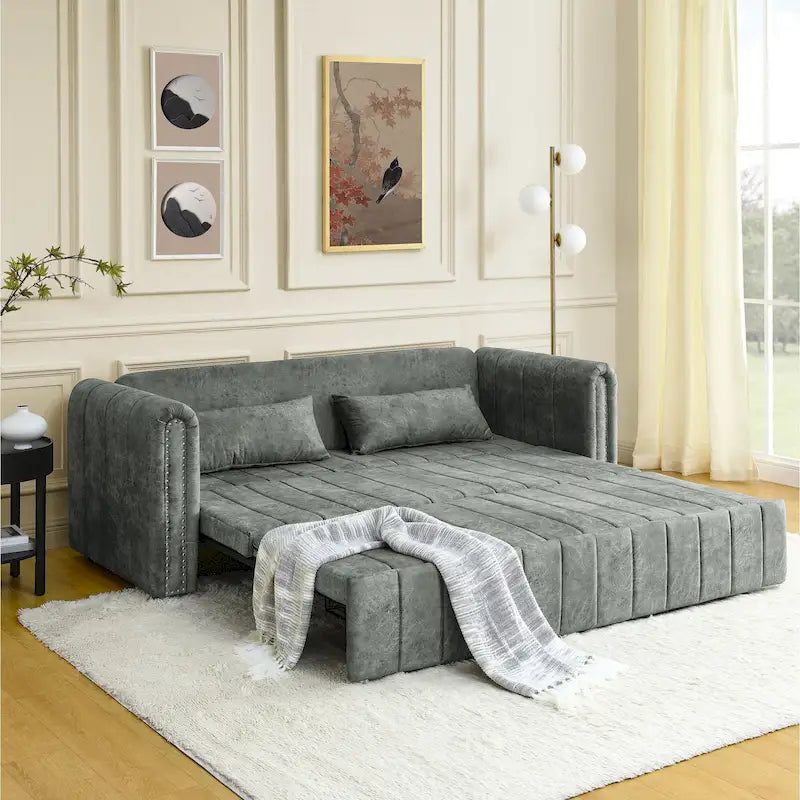 3 in 1 Pull-Out Sleeper Sofa Bed,Modern Convertible 3 Seats Lounge Futon Sofabed with Rolled Arms Decorated with Copper Nails