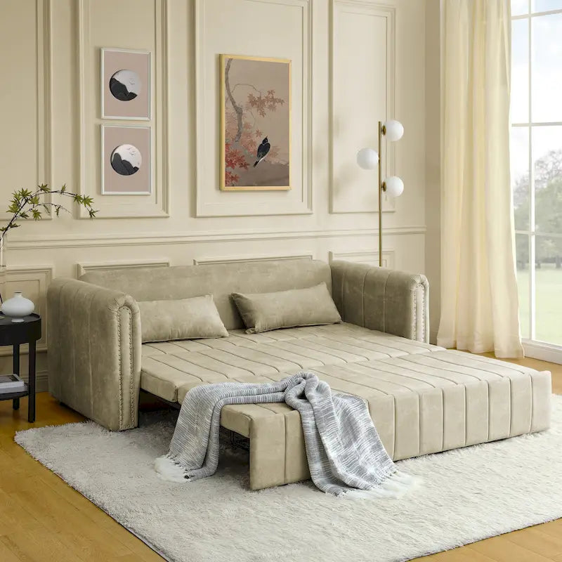 3 in 1 Pull-Out Sleeper Sofa Bed,Modern Convertible 3 Seats Lounge Futon Sofabed with Rolled Arms Decorated with Copper Nails