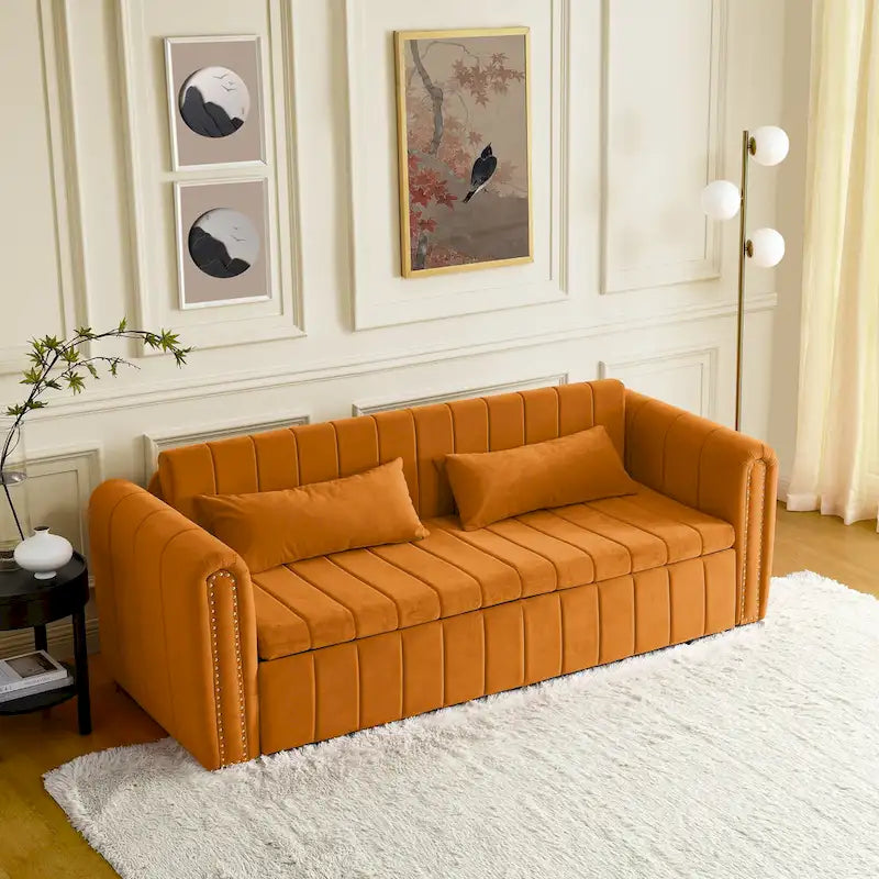 3 in 1 Pull-Out Sleeper Sofa Bed,Modern Convertible 3 Seats Lounge Futon Sofabed with Rolled Arms Decorated with Copper Nails