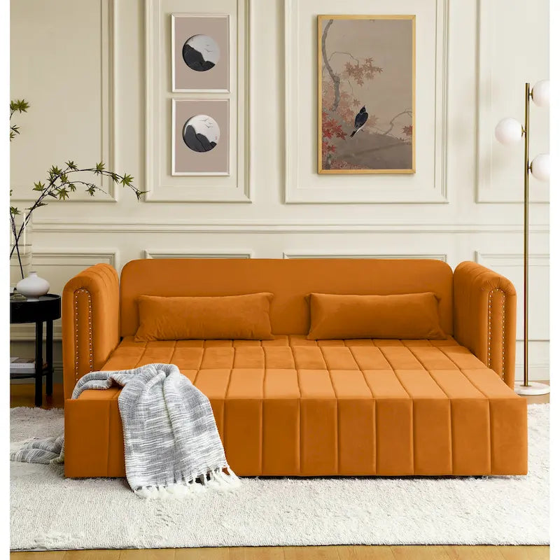 3 in 1 Pull-Out Sleeper Sofa Bed,Modern Convertible 3 Seats Lounge Futon Sofabed with Rolled Arms Decorated with Copper Nails