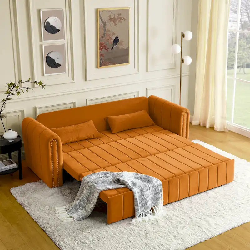 3 in 1 Pull-Out Sleeper Sofa Bed,Modern Convertible 3 Seats Lounge Futon Sofabed with Rolled Arms Decorated with Copper Nails