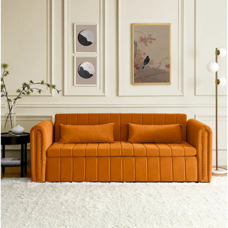 3 in 1 Pull-Out Sleeper Sofa Bed,Modern Convertible 3 Seats Lounge Futon Sofabed with Rolled Arms Decorated with Copper Nails