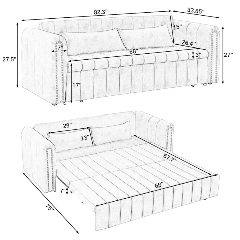 3 in 1 Pull-Out Sleeper Sofa Bed,Modern Convertible 3 Seats Lounge Futon Sofabed with Rolled Arms Decorated with Copper Nails