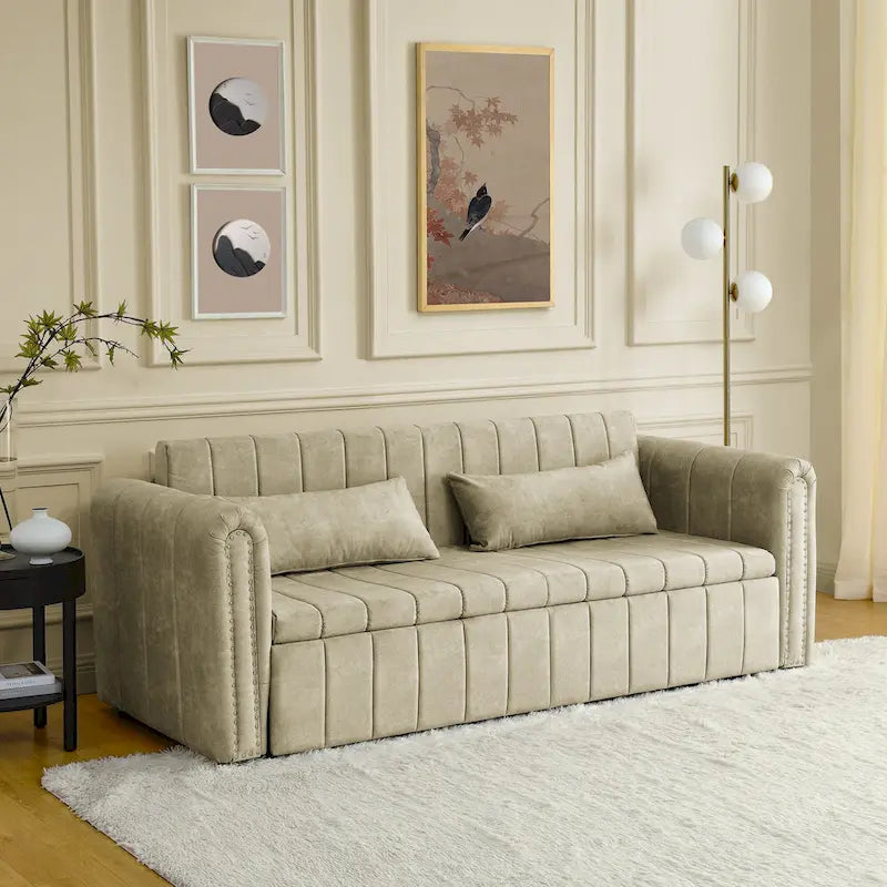 3 in 1 Pull-Out Sleeper Sofa Bed,Modern Convertible 3 Seats Lounge Futon Sofabed with Rolled Arms Decorated with Copper Nails