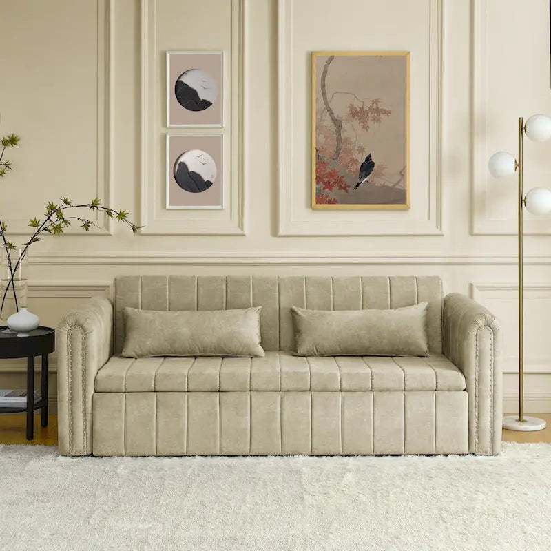 3 in 1 Pull-Out Sleeper Sofa Bed,Modern Convertible 3 Seats Lounge Futon Sofabed with Rolled Arms Decorated with Copper Nails