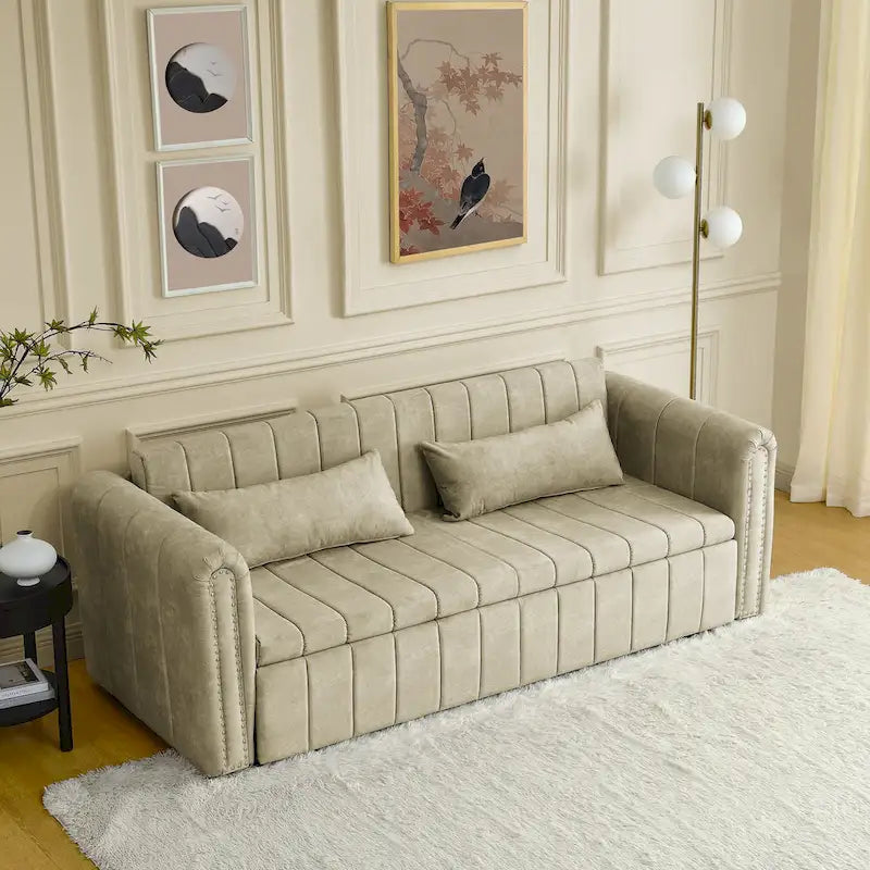 3 in 1 Pull-Out Sleeper Sofa Bed,Modern Convertible 3 Seats Lounge Futon Sofabed with Rolled Arms Decorated with Copper Nails
