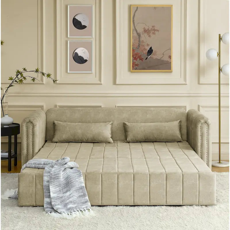 3 in 1 Pull-Out Sleeper Sofa Bed,Modern Convertible 3 Seats Lounge Futon Sofabed with Rolled Arms Decorated with Copper Nails