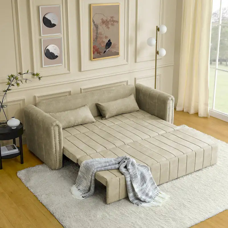 3 in 1 Pull-Out Sleeper Sofa Bed,Modern Convertible 3 Seats Lounge Futon Sofabed with Rolled Arms Decorated with Copper Nails