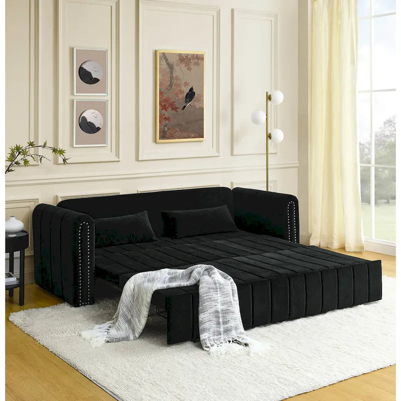 3 in 1 Pull-Out Sleeper Sofa Bed,Modern Convertible 3 Seats Lounge Futon Sofabed with Rolled Arms Decorated with Copper Nails