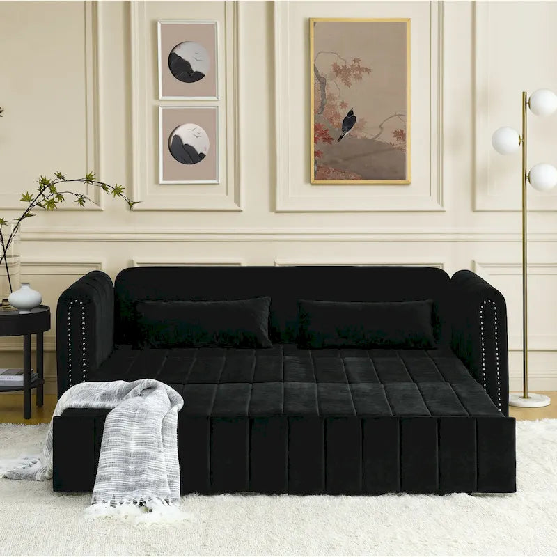 3 in 1 Pull-Out Sleeper Sofa Bed,Modern Convertible 3 Seats Lounge Futon Sofabed with Rolled Arms Decorated with Copper Nails