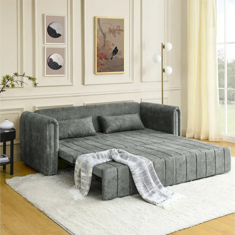 3 in 1 Pull-Out Sleeper Sofa Bed,Modern Convertible 3 Seats Lounge Futon Sofabed with Rolled Arms Decorated with Copper Nails