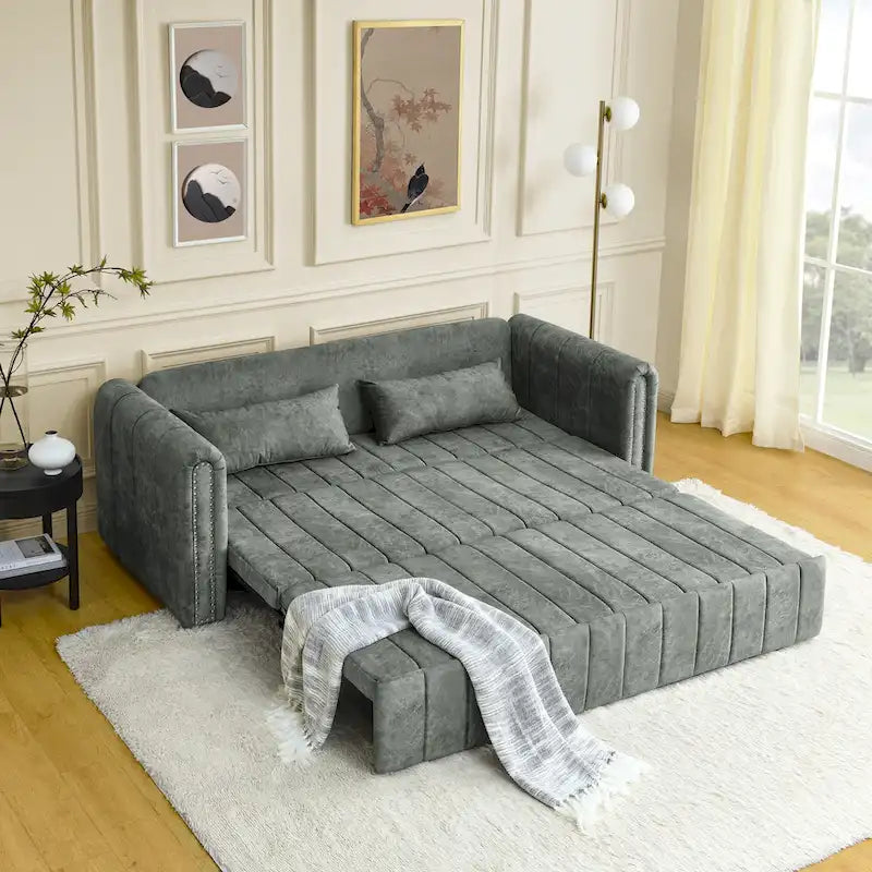 3 in 1 Pull-Out Sleeper Sofa Bed,Modern Convertible 3 Seats Lounge Futon Sofabed with Rolled Arms Decorated with Copper Nails