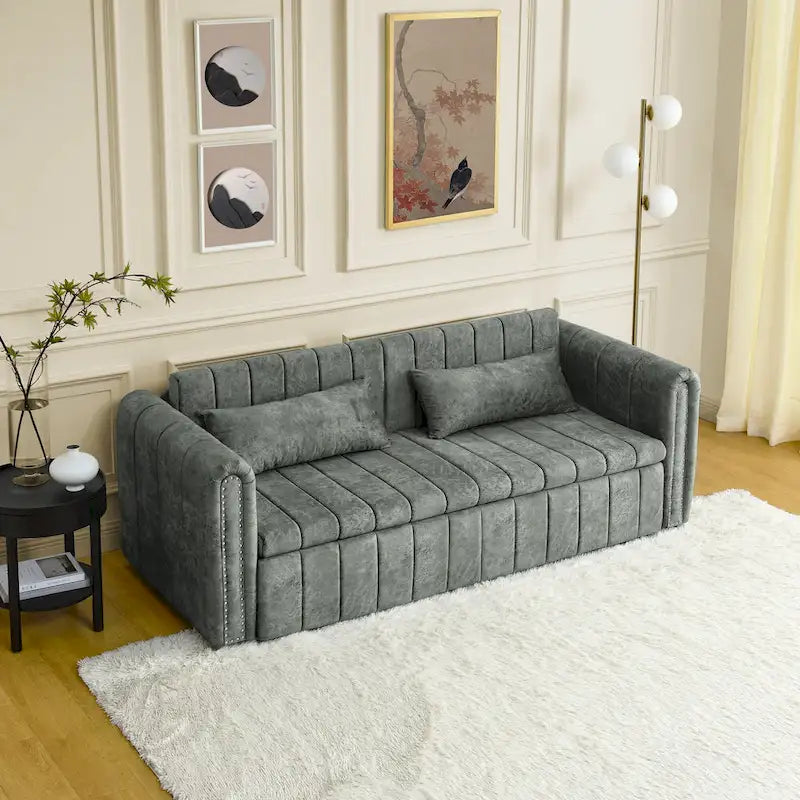 3 in 1 Pull-Out Sleeper Sofa Bed,Modern Convertible 3 Seats Lounge Futon Sofabed with Rolled Arms Decorated with Copper Nails