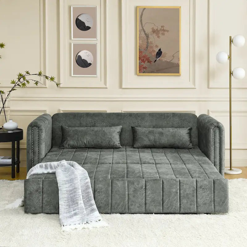3 in 1 Pull-Out Sleeper Sofa Bed,Modern Convertible 3 Seats Lounge Futon Sofabed with Rolled Arms Decorated with Copper Nails