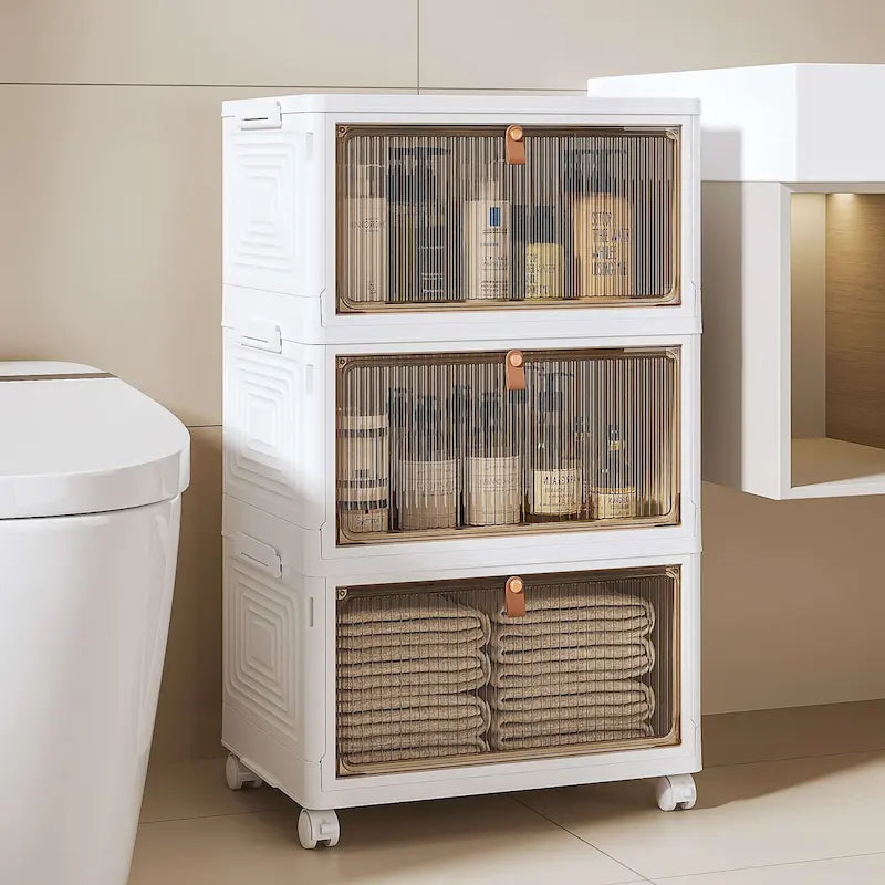 3-Tier Bathroom Storage Cabinet with Stackable Bins and Wheels