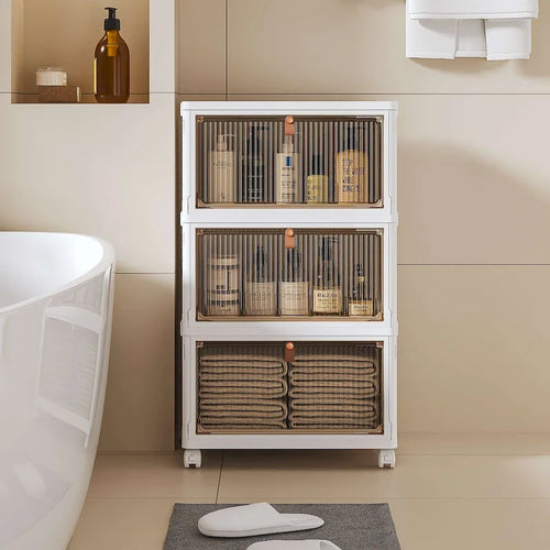 3-Tier Bathroom Storage Cabinet with Stackable Bins and Wheels