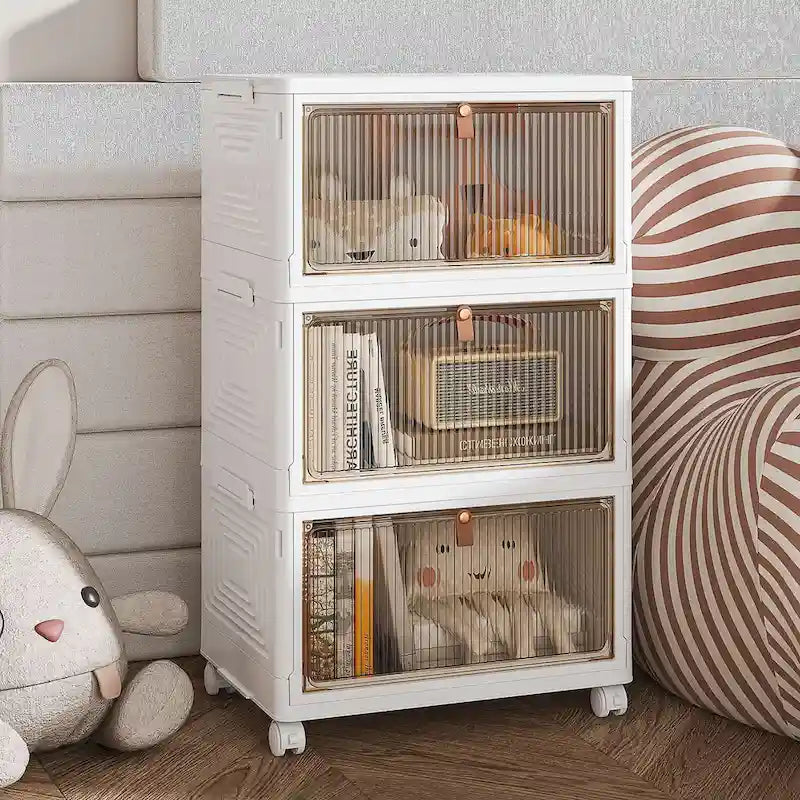 3-Tier Bathroom Storage Cabinet with Stackable Bins and Wheels