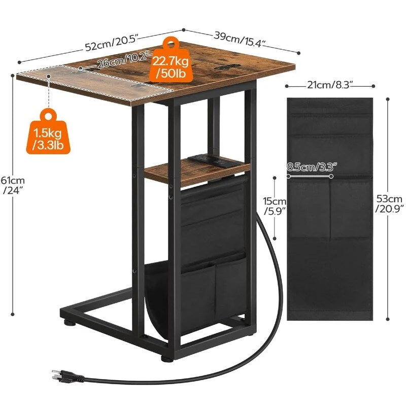C Shaped Side Table with Charging Station - 20.5D x 15.4W x 24H