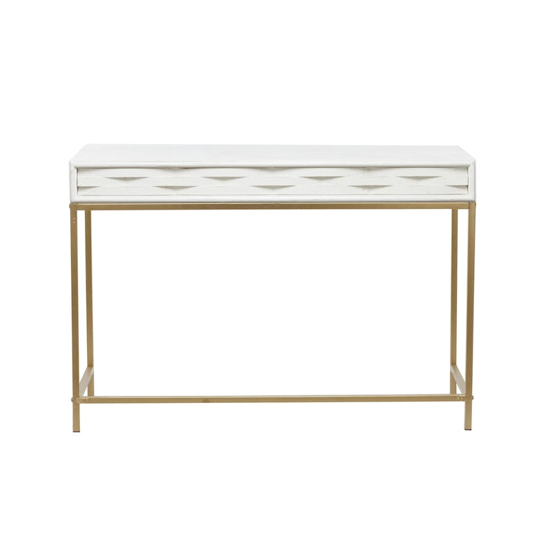 Wooden 2 Drawers Console Table with Gold Metal Frame - White