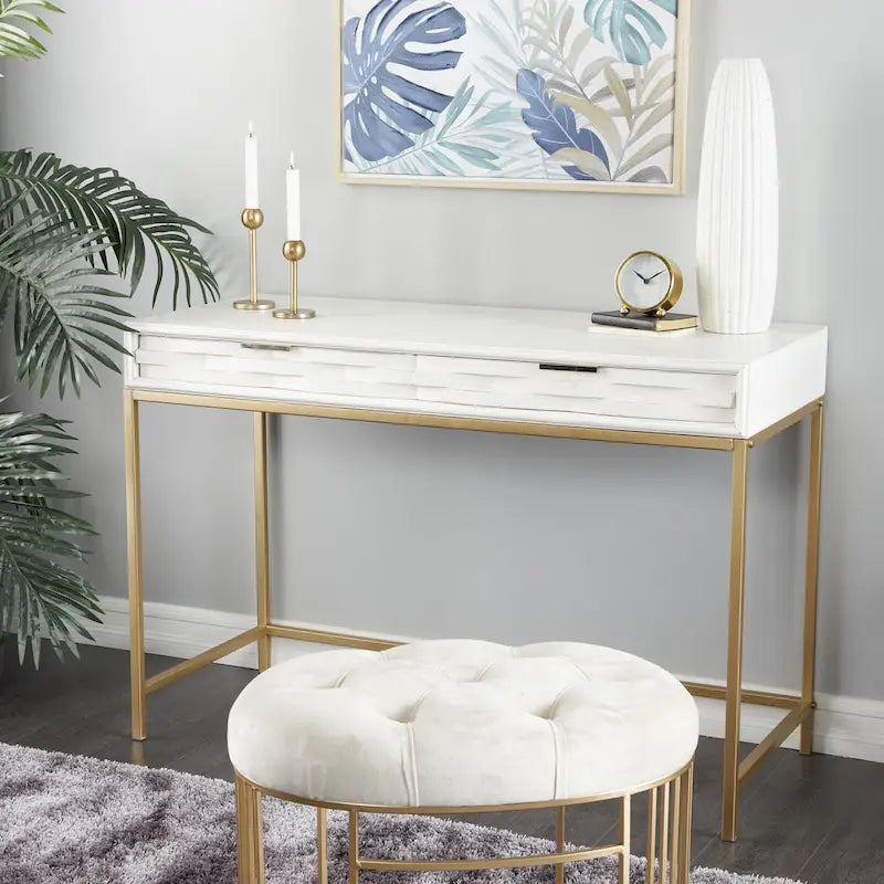 Wooden 2 Drawers Console Table with Gold Metal Frame - White