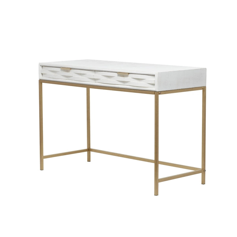 Wooden 2 Drawers Console Table with Gold Metal Frame - White