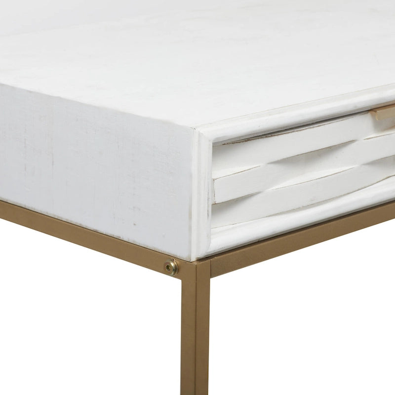Wooden 2 Drawers Console Table with Gold Metal Frame - White