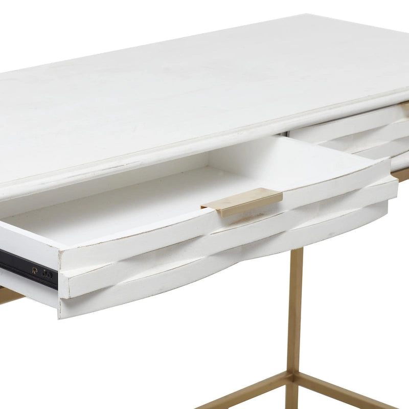 Wooden 2 Drawers Console Table with Gold Metal Frame - White