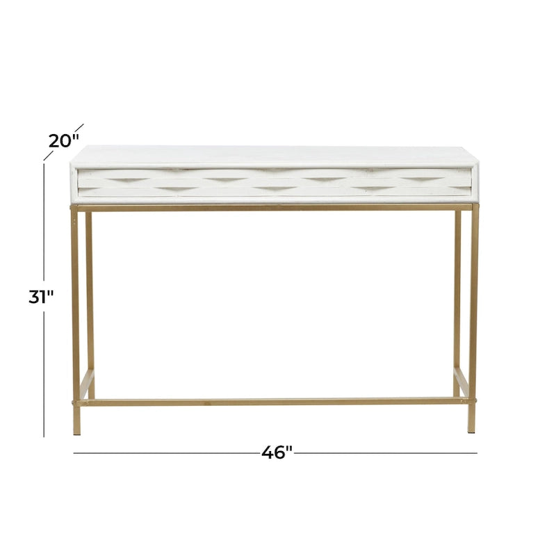 Wooden 2 Drawers Console Table with Gold Metal Frame - White
