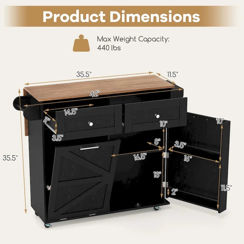 Rolling Kitchen Island Cart with Drop Leaf