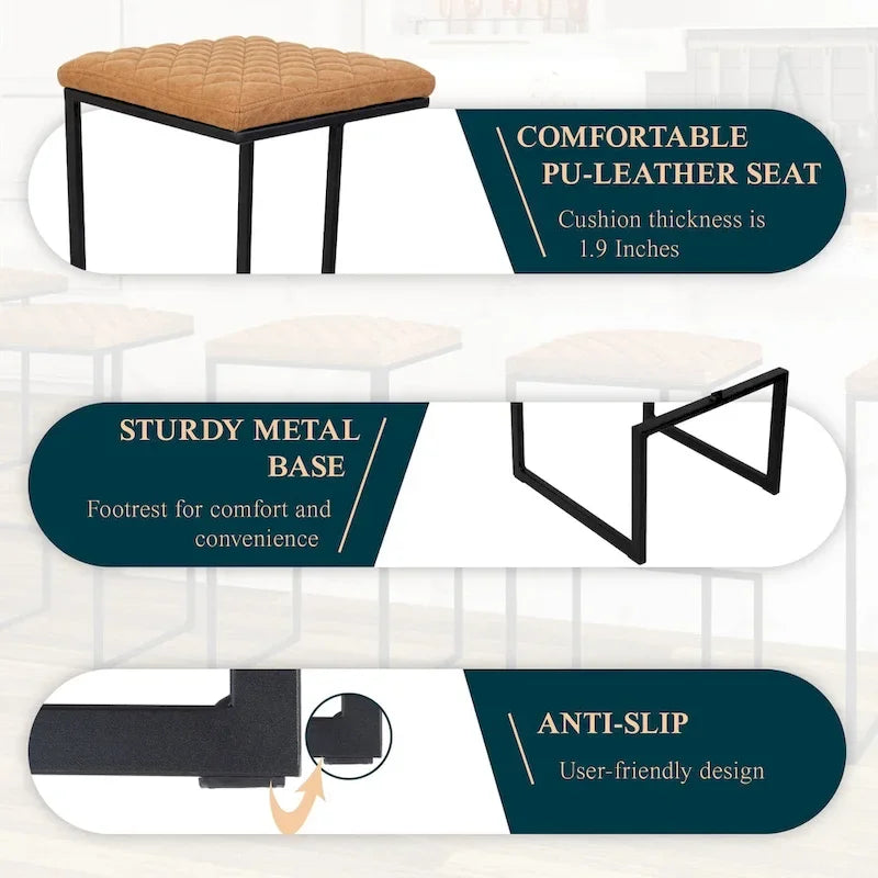 Modern Leather Quilted Counter Height Barstool with Footrest