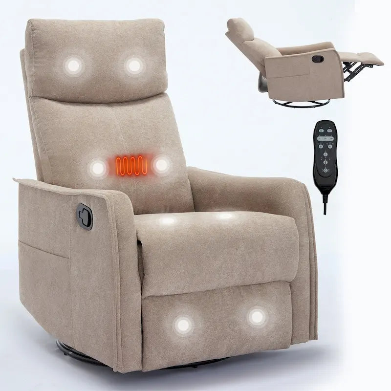 8 Point Massage Manual Recliner Chair Fabric Swivel Rocking Chair Single Sofa Armchair with Rocker and Lumbar Heating