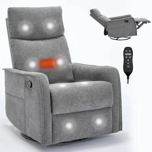 8 Point Massage Manual Recliner Chair Fabric Swivel Rocking Chair Single Sofa Armchair with Rocker and Lumbar Heating