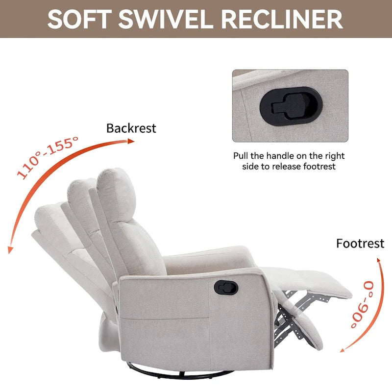 8 Point Massage Manual Recliner Chair Fabric Swivel Rocking Chair Single Sofa Armchair with Rocker and Lumbar Heating