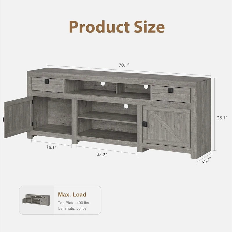 Farmhouse TV Stand for 75/80 Inch TVs, 70 Long Entertainment Center for Living Room