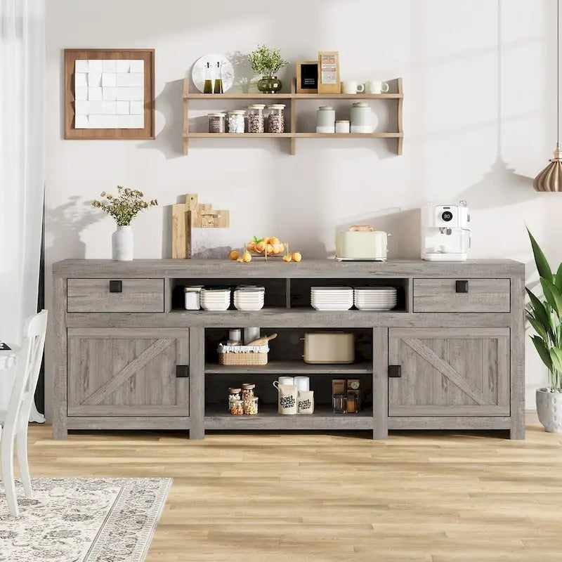 Farmhouse TV Stand for 75/80 Inch TVs, 70 Long Entertainment Center for Living Room