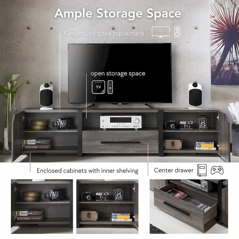 Rustic 81-inch 5-Shelf Multi-functional Storage TV Console