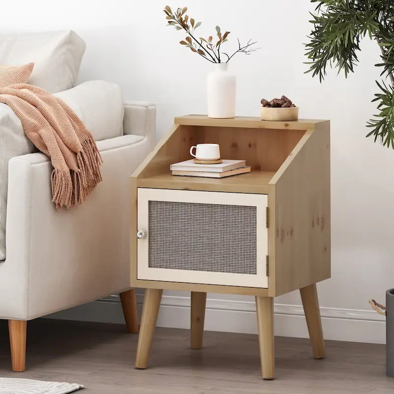 Contemporary End Table with Hutch, Rattan Accents