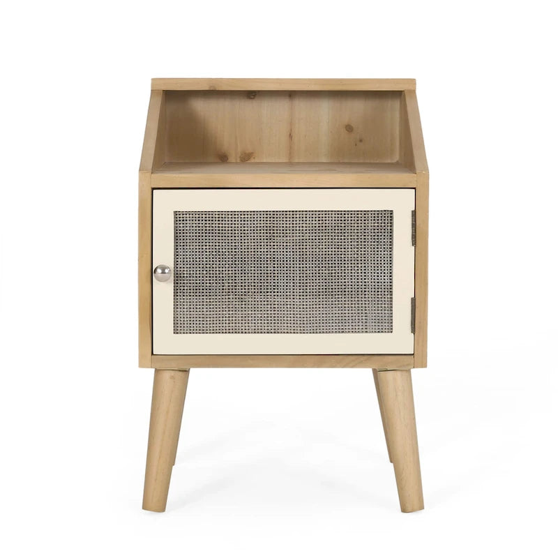 Contemporary End Table with Hutch, Rattan Accents