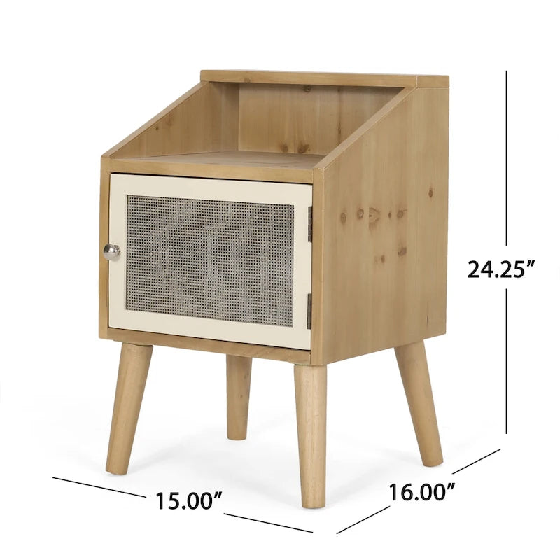 Contemporary End Table with Hutch, Rattan Accents