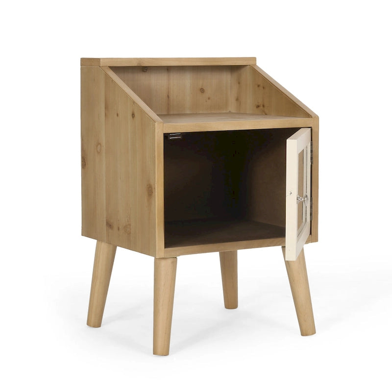 Contemporary End Table with Hutch, Rattan Accents
