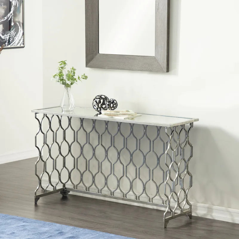 Metal Geometric Console Table with Mirrored Glass Top - Silver