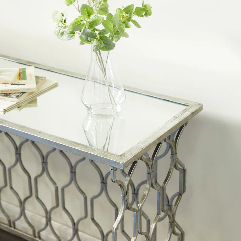 Metal Geometric Console Table with Mirrored Glass Top - Silver