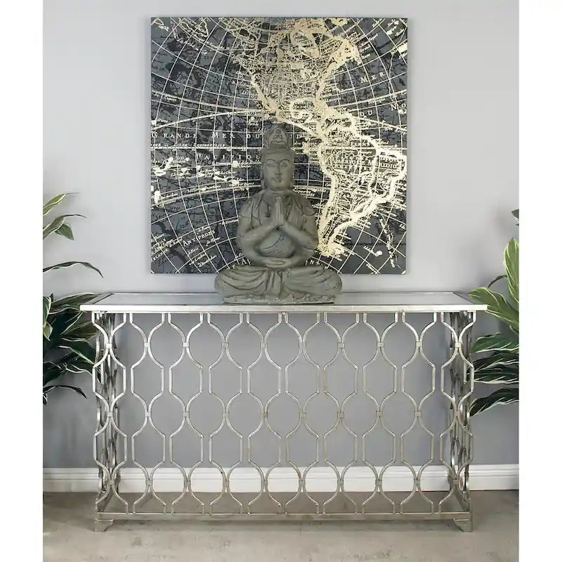 Metal Geometric Console Table with Mirrored Glass Top - Silver