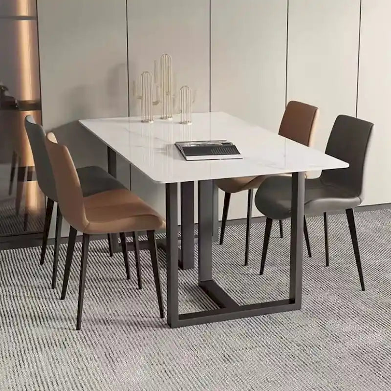 63 Modern and Minimalist Rectangular Stone Dining Table, Black Metal Frame