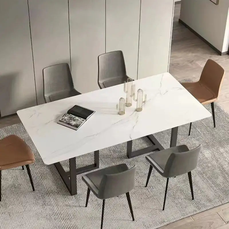 63 Modern and Minimalist Rectangular Stone Dining Table, Black Metal Frame