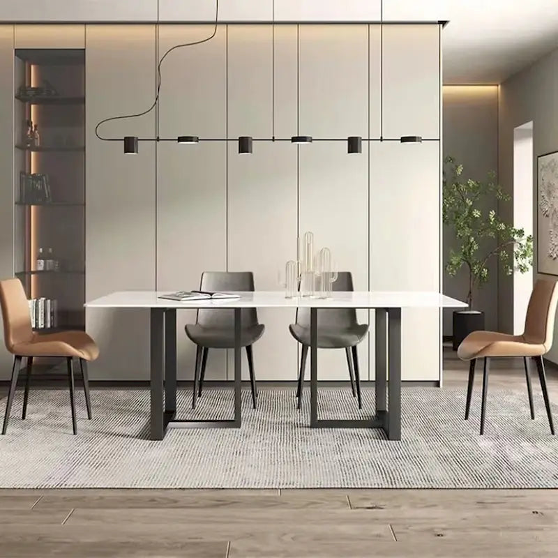 63 Modern and Minimalist Rectangular Stone Dining Table, Black Metal Frame